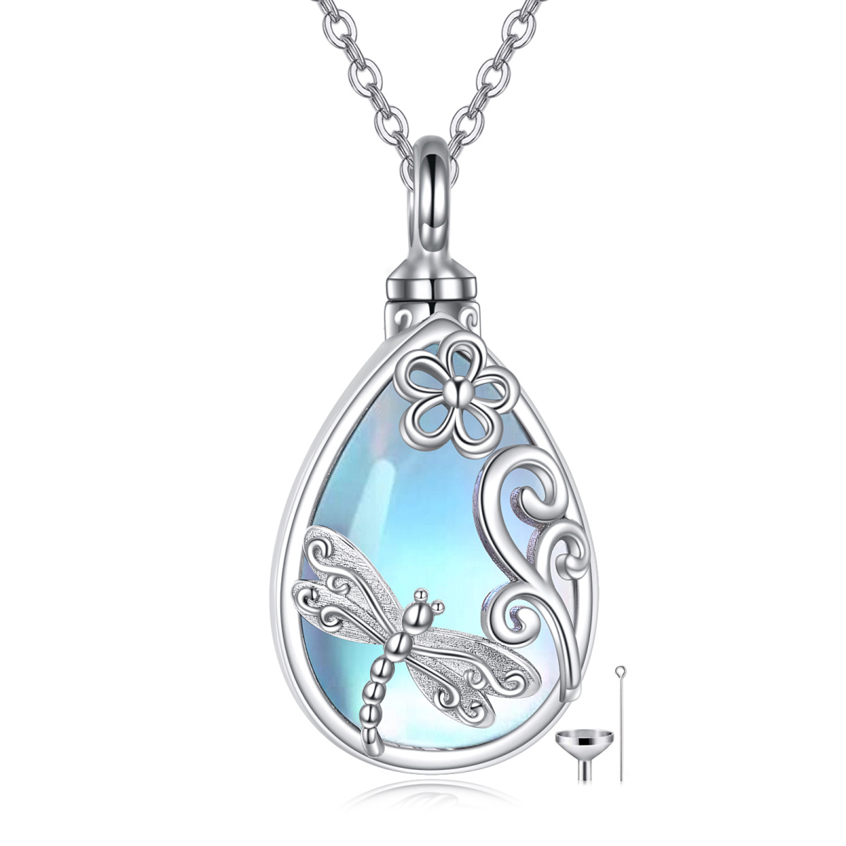Sterling Silver Moonstone Dragonfly & Celtic Knot Urn Necklace for Ashes with Engraved Word-1