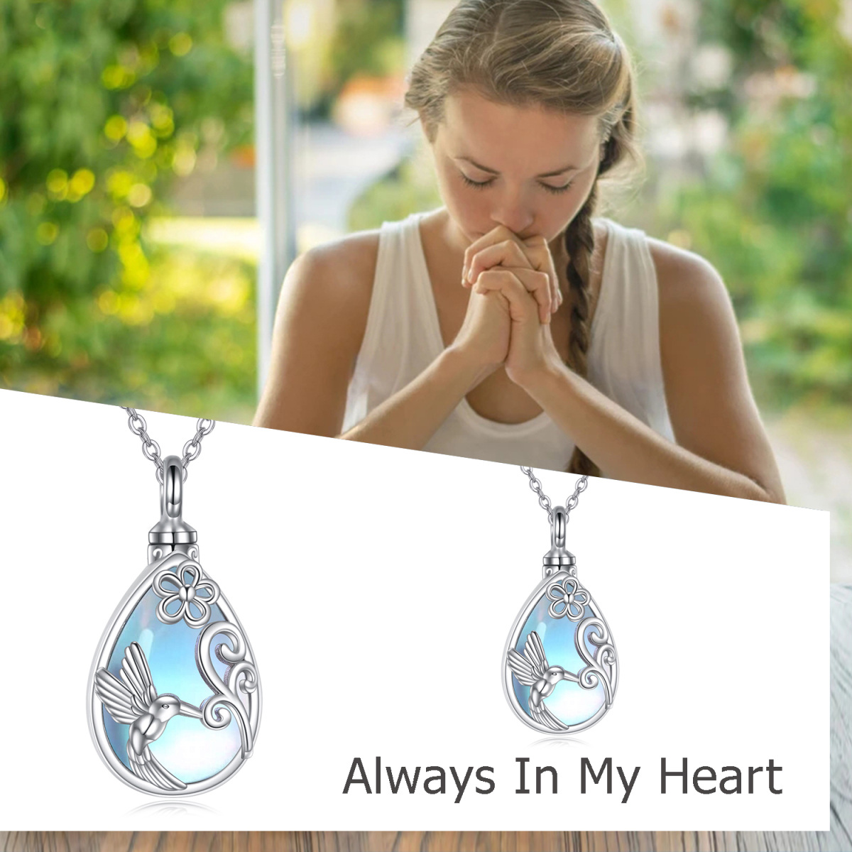 Sterling Silver Moonstone Hummingbird & Drop Shape Urn Necklace for Ashes with Engraved Word-6