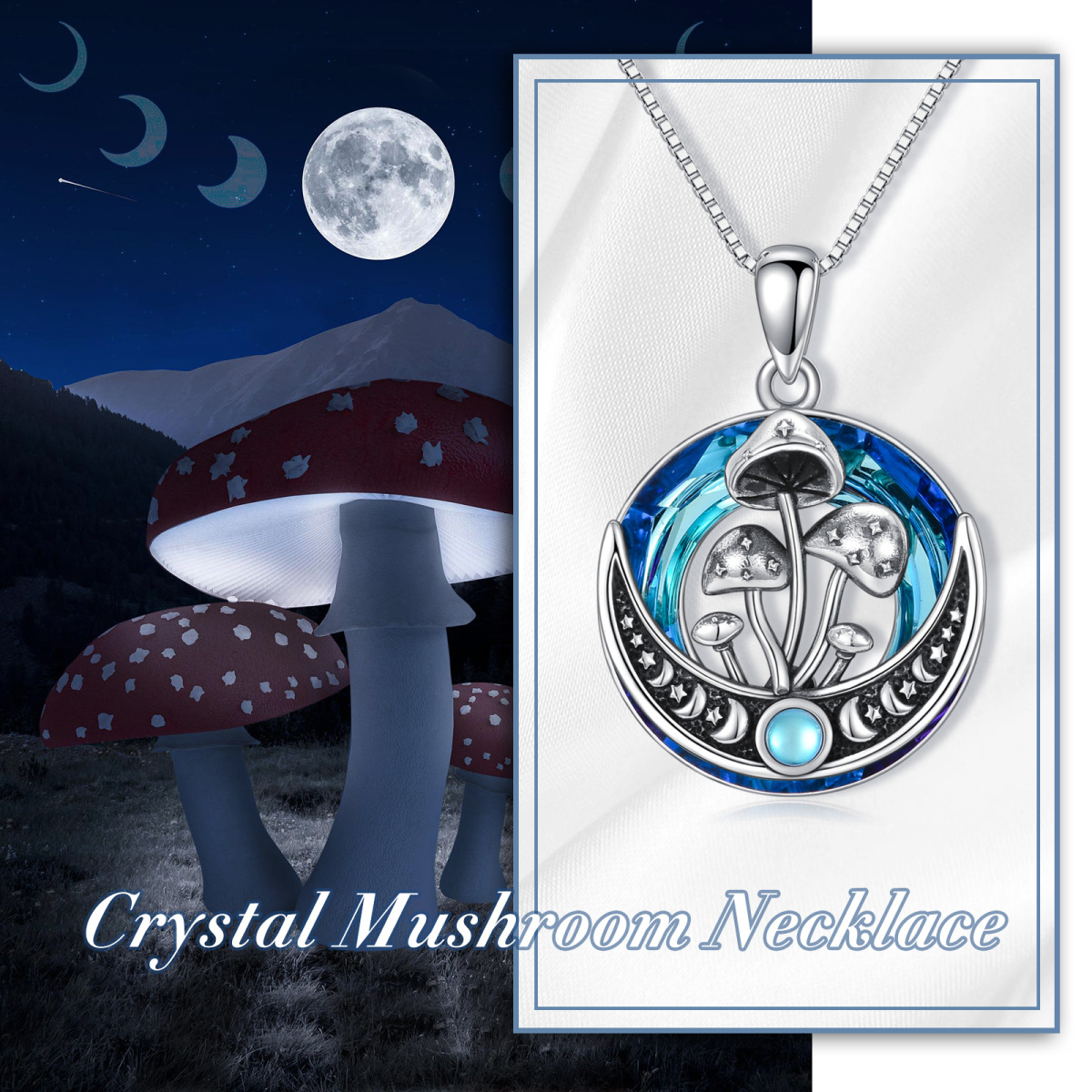 Sterling Silver Circular Shaped Mushroom & Moon Crystal Pendant Necklace-6