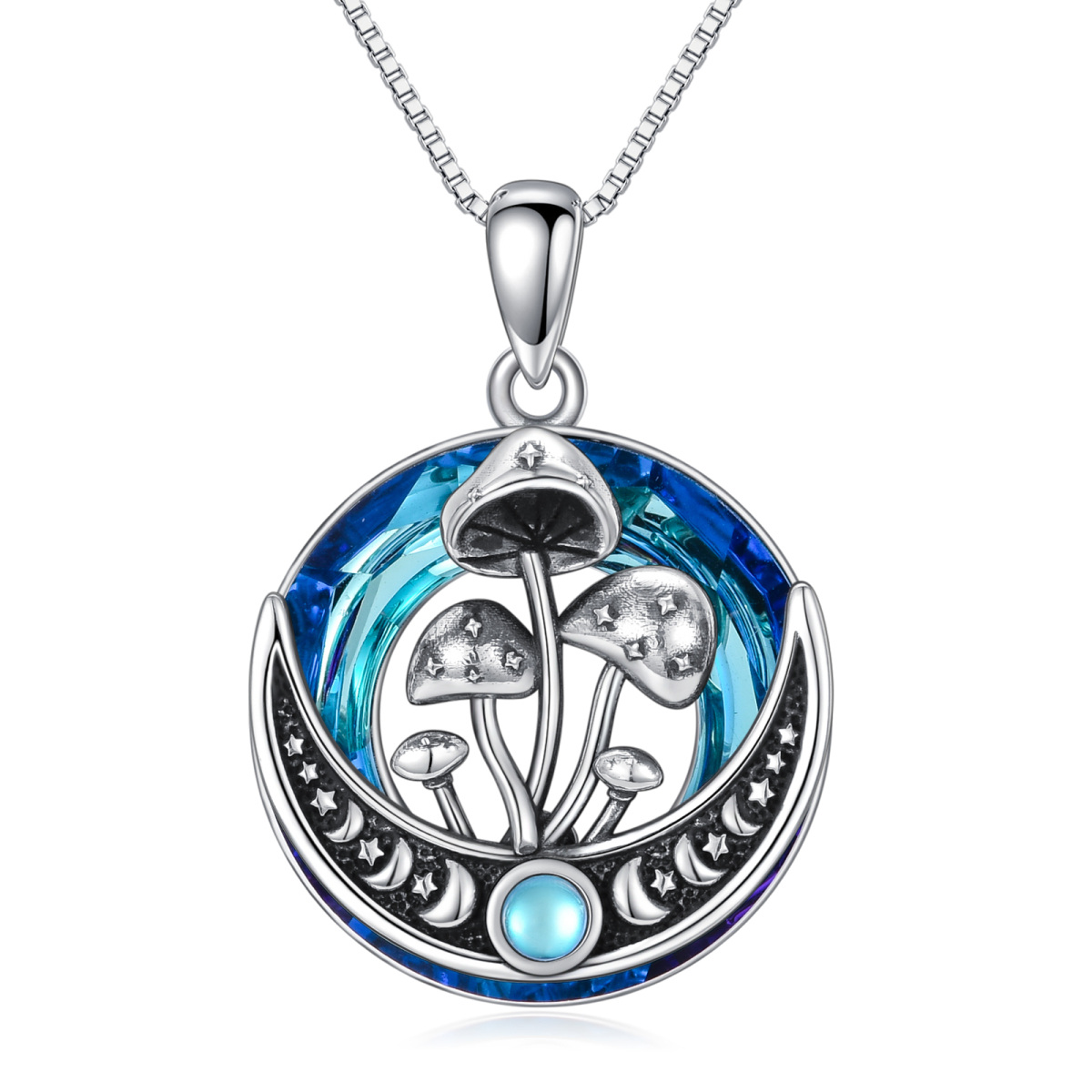 Sterling Silver Circular Shaped Mushroom & Moon Crystal Pendant Necklace-1