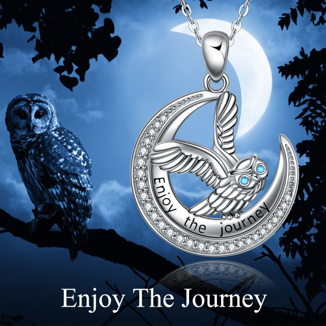 Sterling Silver Zircon Owl & Moon Pendant Necklace-6