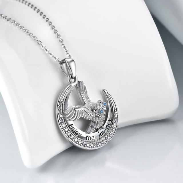 Sterling Silver Zircon Owl & Moon Pendant Necklace-3