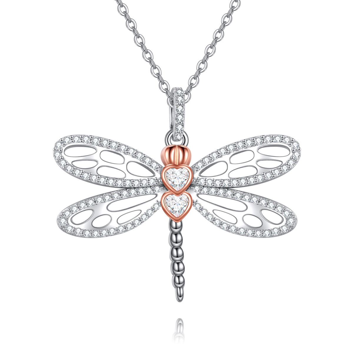 Sterling Silver Two-tone Cubic Zirconia Dragonfly Pendant Necklace-1