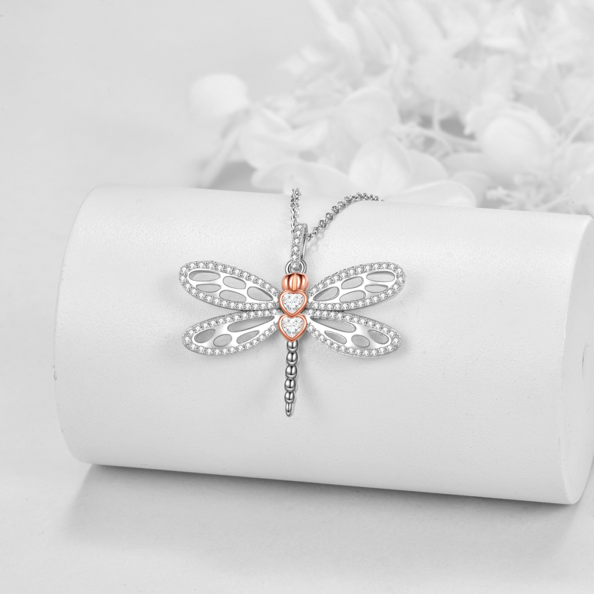 Sterling Silver Two-tone Cubic Zirconia Dragonfly Pendant Necklace-3