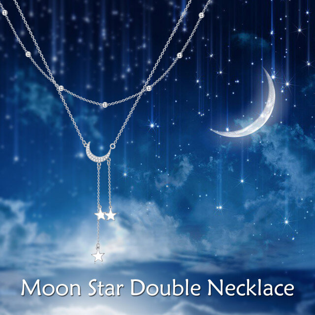 Sterling Silver Circular Shaped Zircon Moon & Star Layered Necklace-5