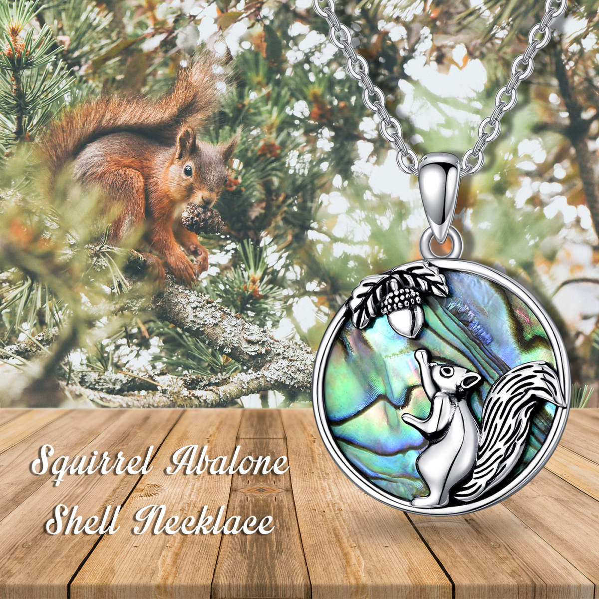 Sterling Silver Circular Shaped Abalone Shellfish Squirrel Pendant Necklace-5