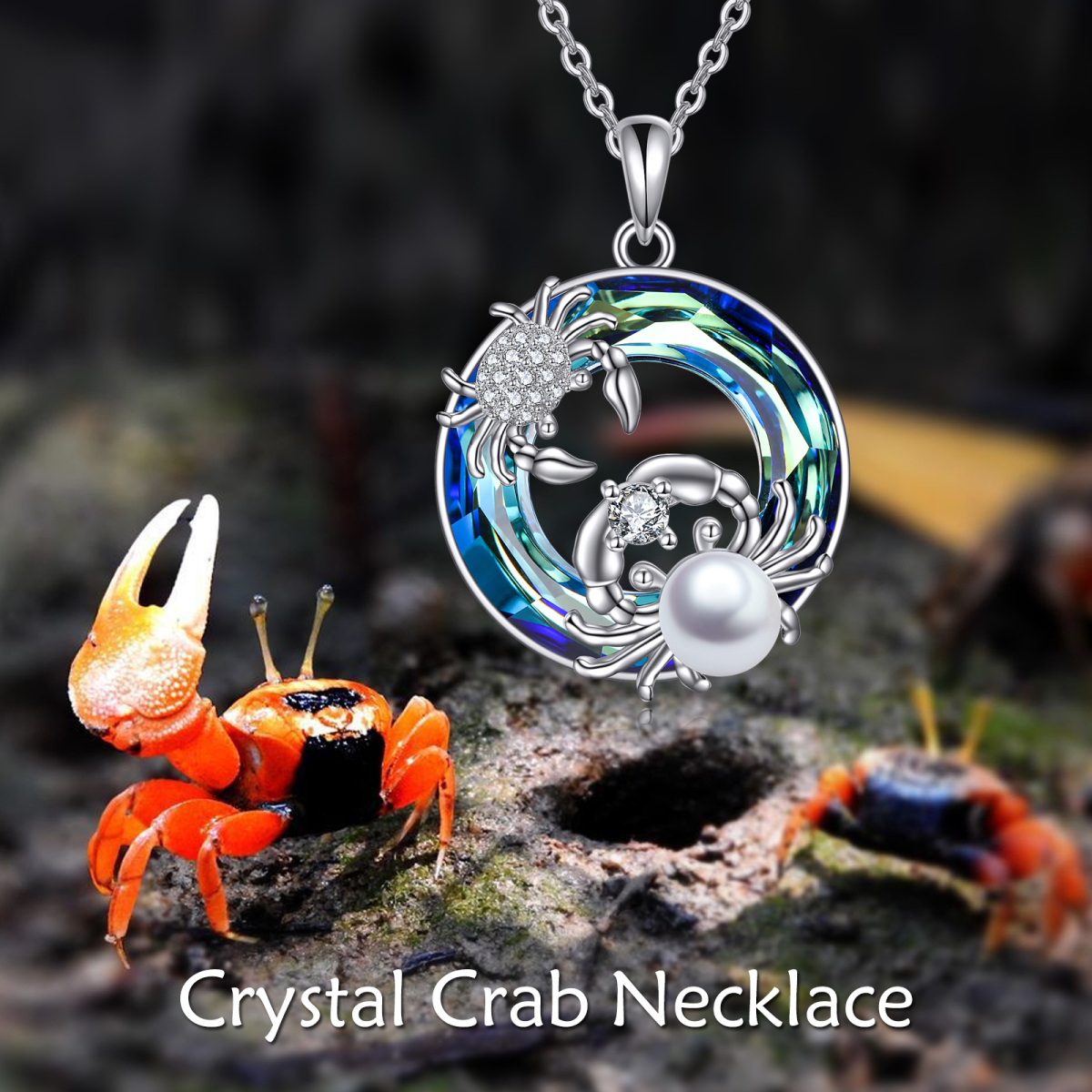 Sterling Silver Circular Shaped Crab Crystal Pendant Necklace-6