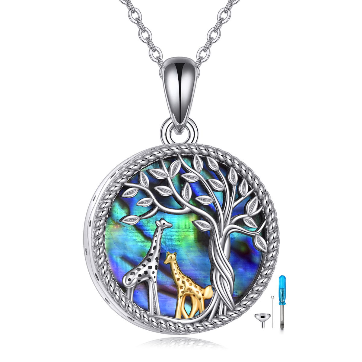 Sterling Silver Two-tone Circular Shaped Abalone Shellfish Giraffe & Tree Of Life Urn Necklace for Ashes with Engraved Word-1