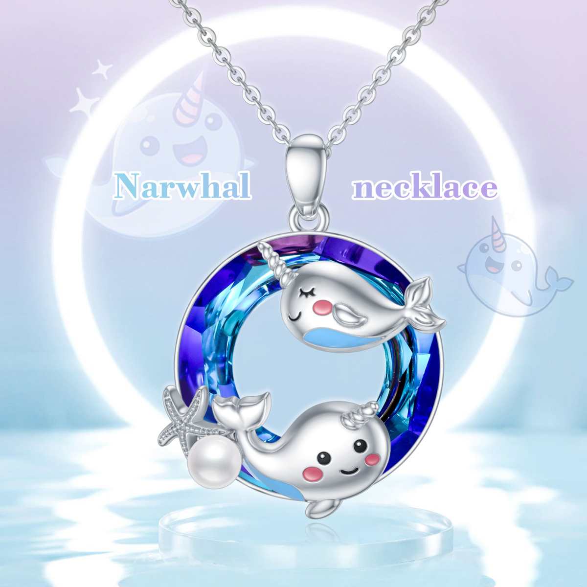 Sterling Silver Round Narwhal Crystal Pendant Necklace-6