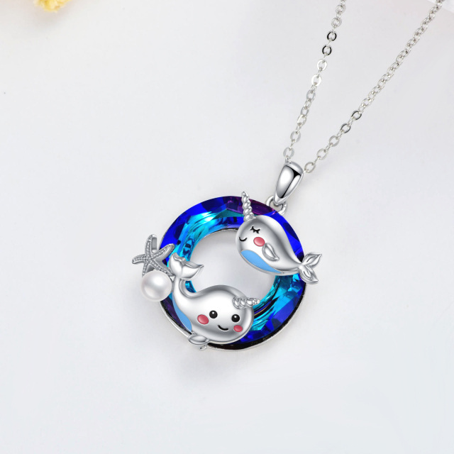 Sterling Silver Round Narwhal Crystal Pendant Necklace-4