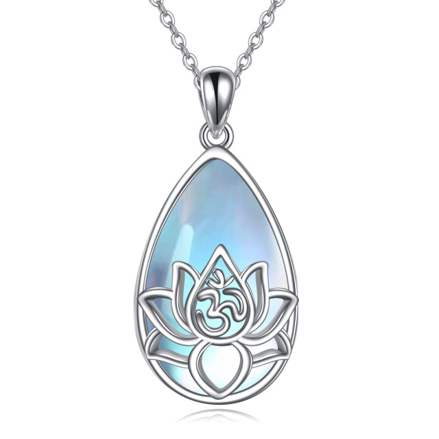 Sterling Silver Moonstone Lotus & Drop Shape & Ohm Pendant Necklace-4