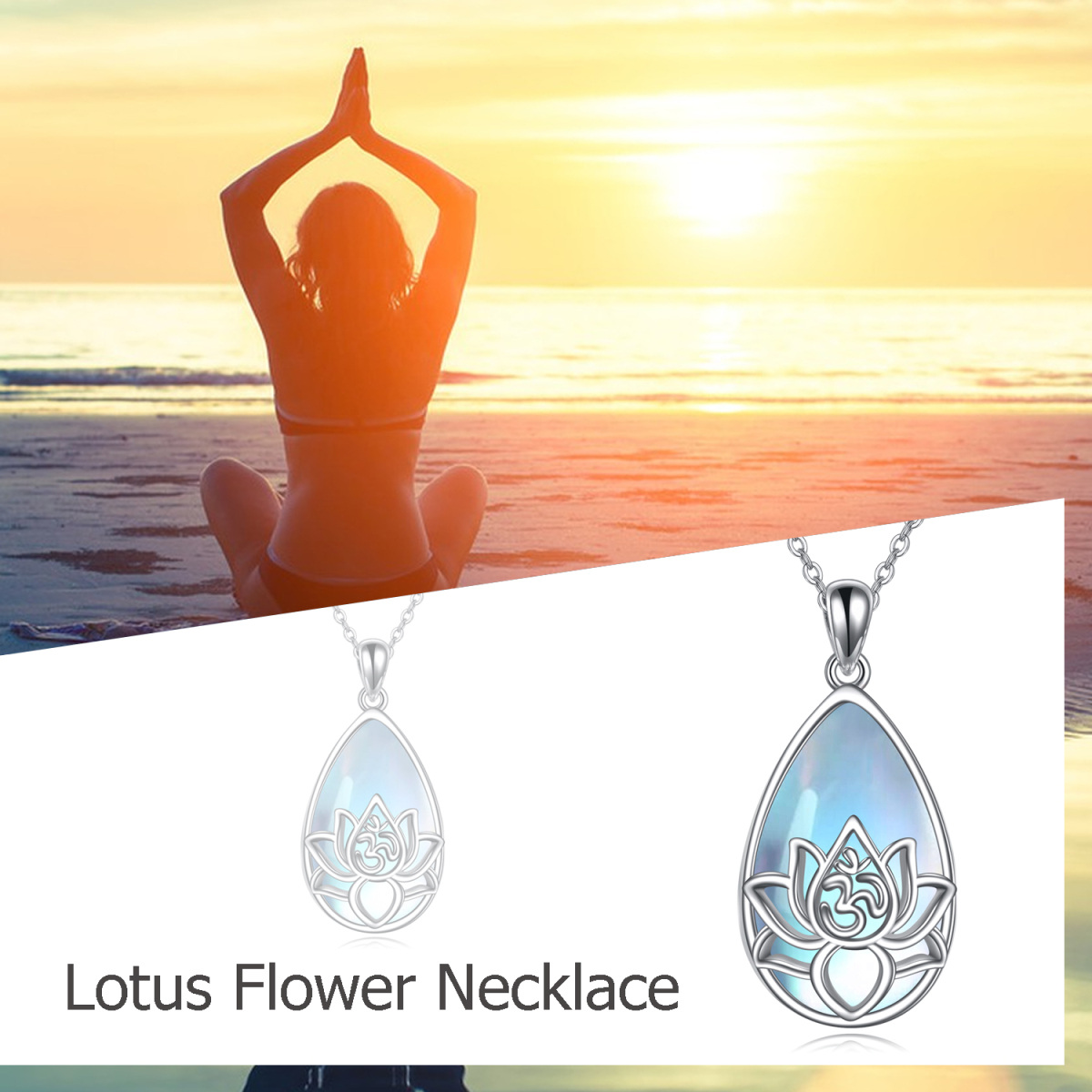 Sterling Silver Moonstone Lotus & Drop Shape & Ohm Pendant Necklace-6