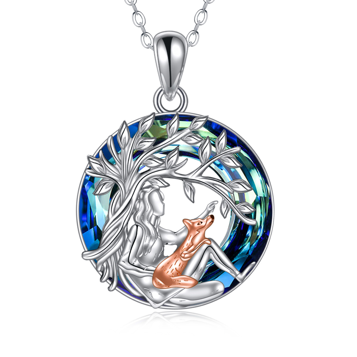 Sterling Silver Two-tone Crystal Fox & Tree Of Life Pendant Necklace-1