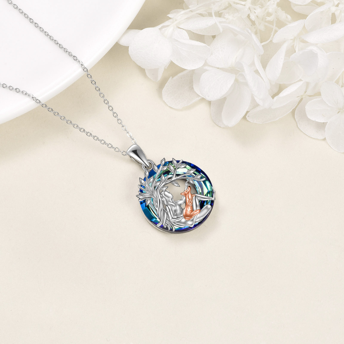 Sterling Silver Two-tone Crystal Fox & Tree Of Life Pendant Necklace-4