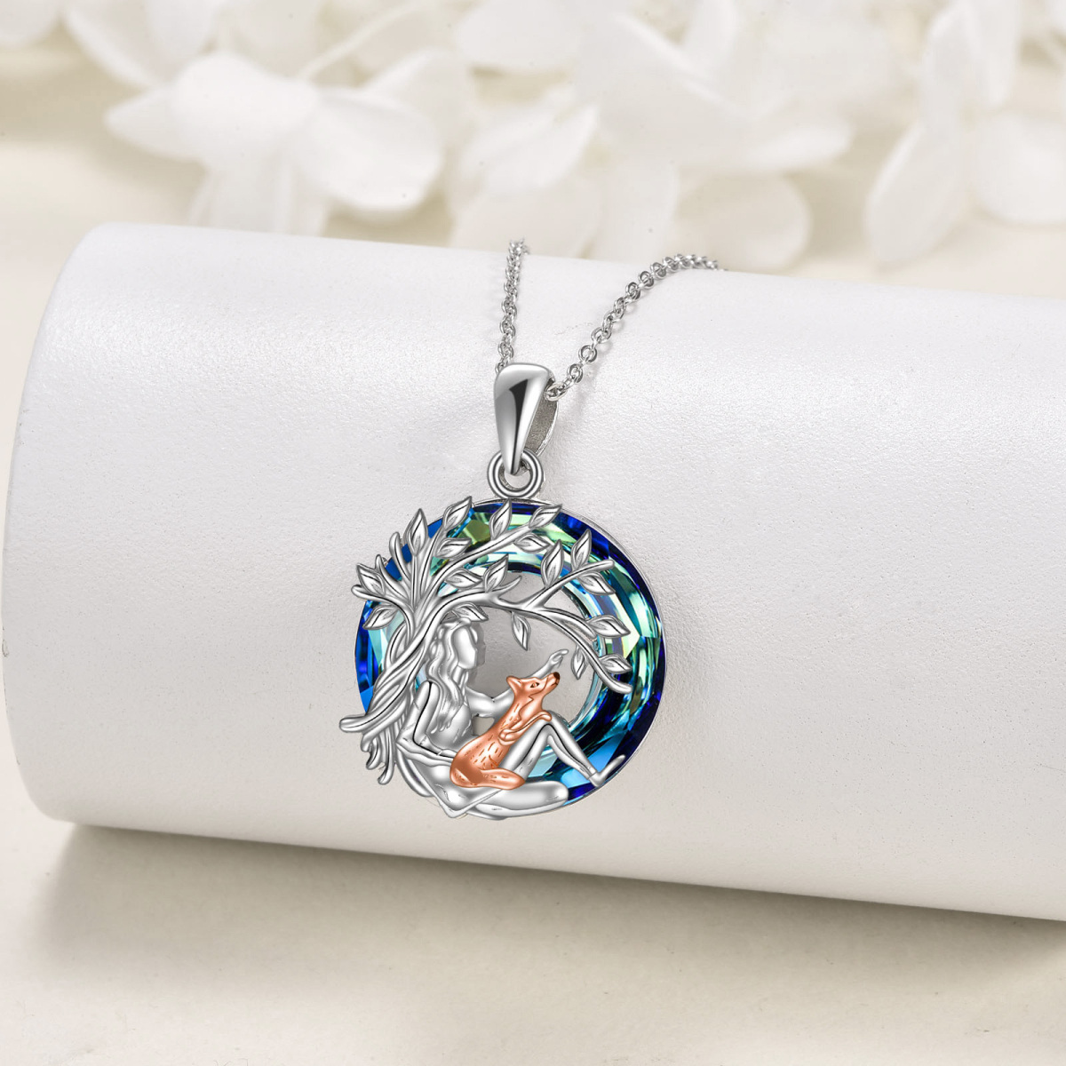 Sterling Silver Two-tone Crystal Fox & Tree Of Life Pendant Necklace-3