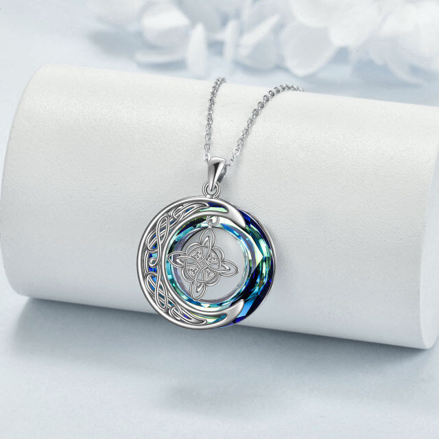 Sterling Silver Round Crystal Celtic Knot & Moon Pendant Necklace-3