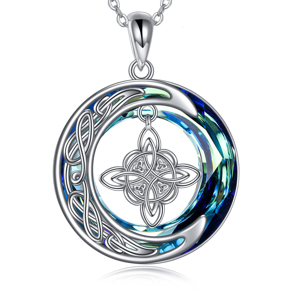 Sterling Silver Round Crystal Celtic Knot & Moon Pendant Necklace-1