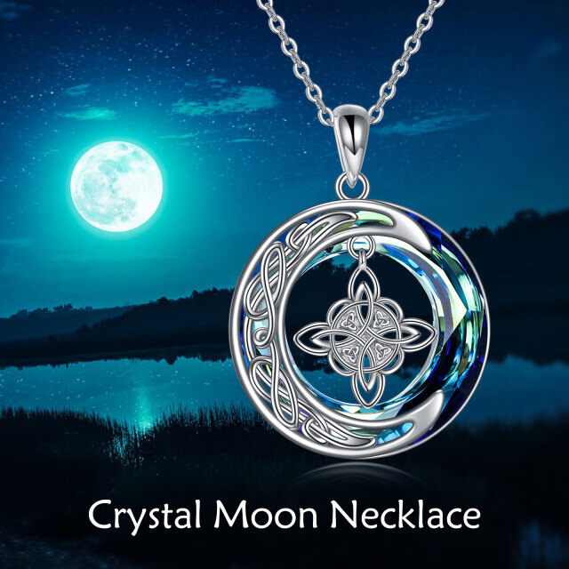 Sterling Silver Round Crystal Celtic Knot & Moon Pendant Necklace-2