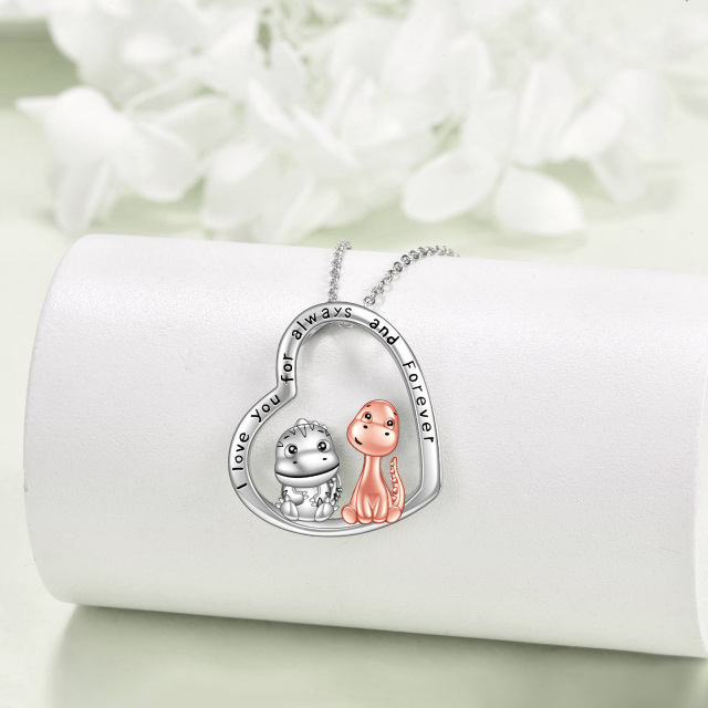 Sterling Silver Two-tone Dinosaur Mom & Baby Heart Pendant Necklace with Engraved Word-3