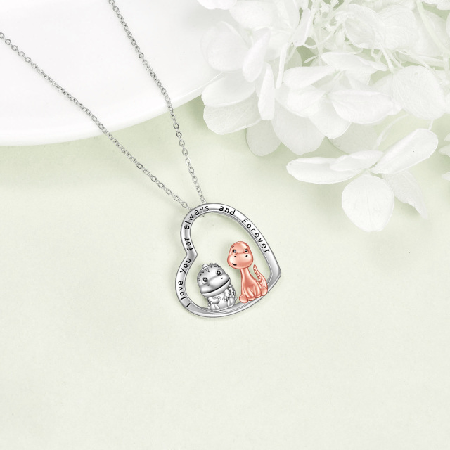 Sterling Silver Two-tone Dinosaur Mom & Baby Heart Pendant Necklace with Engraved Word-4