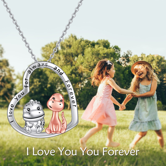 Sterling Silver Two-tone Dinosaur Mom & Baby Heart Pendant Necklace with Engraved Word-2