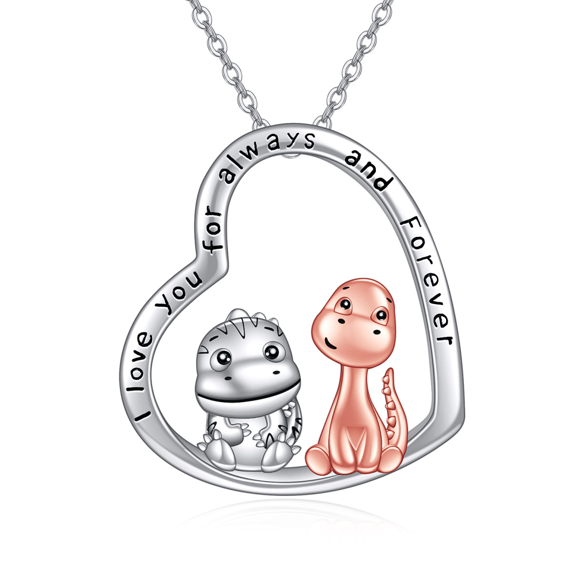 Sterling Silver Two-tone Dinosaur Mom & Baby Heart Pendant Necklace with Engraved Word-1