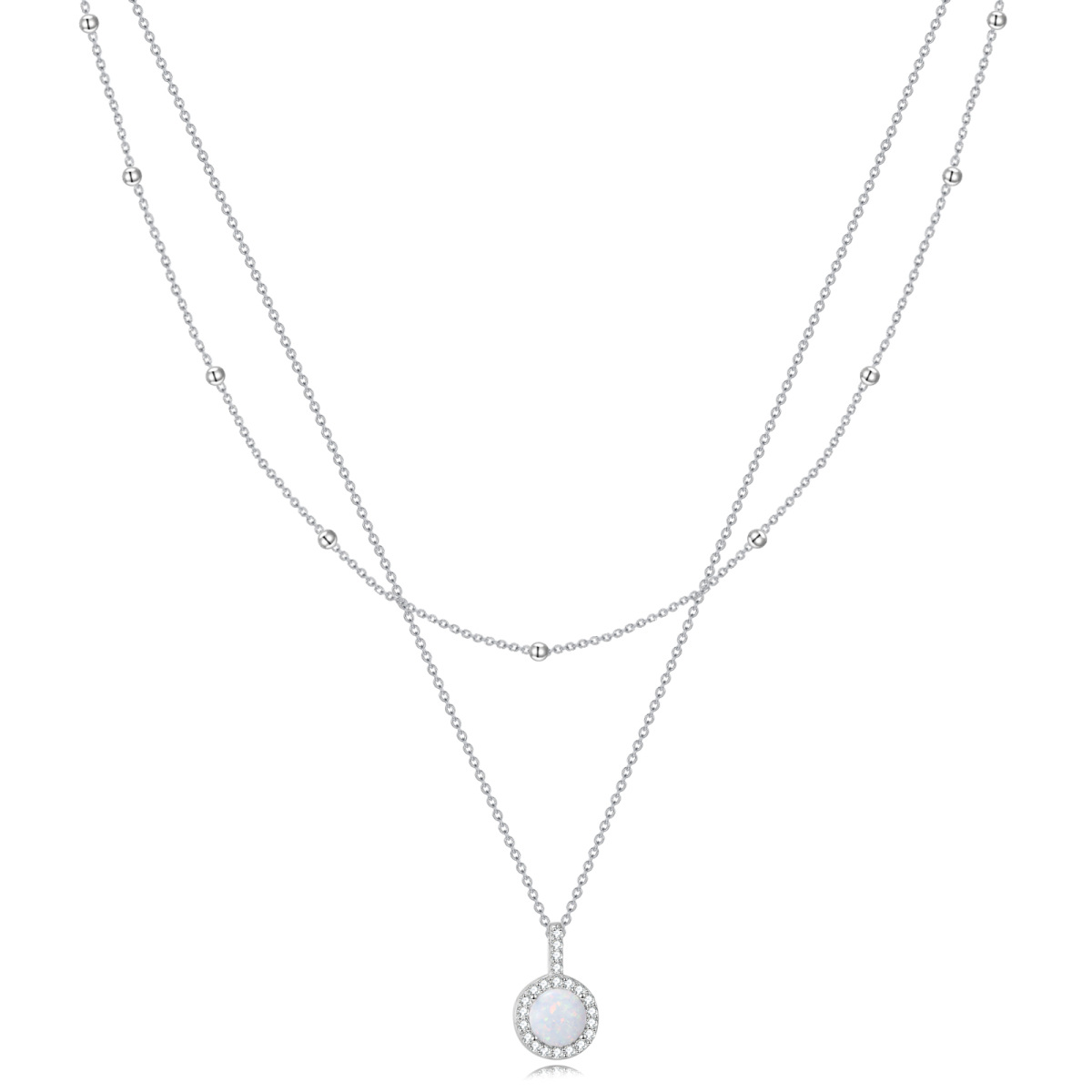 Sterling Silver Round Cubic Zirconia & Opal Round Layered Necklace-1