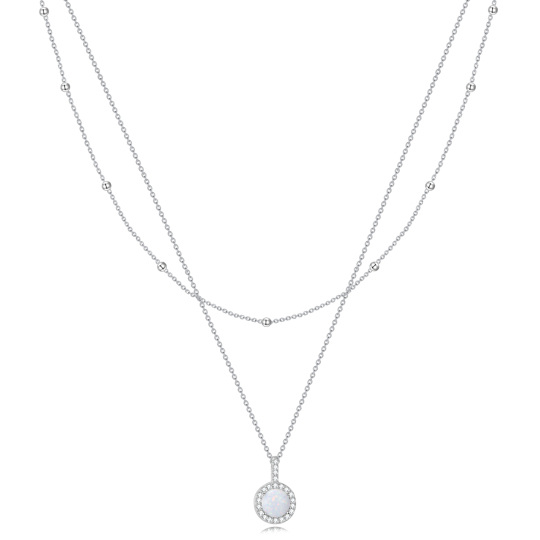Sterling Silver Round Cubic Zirconia & Opal Round Layered Necklace