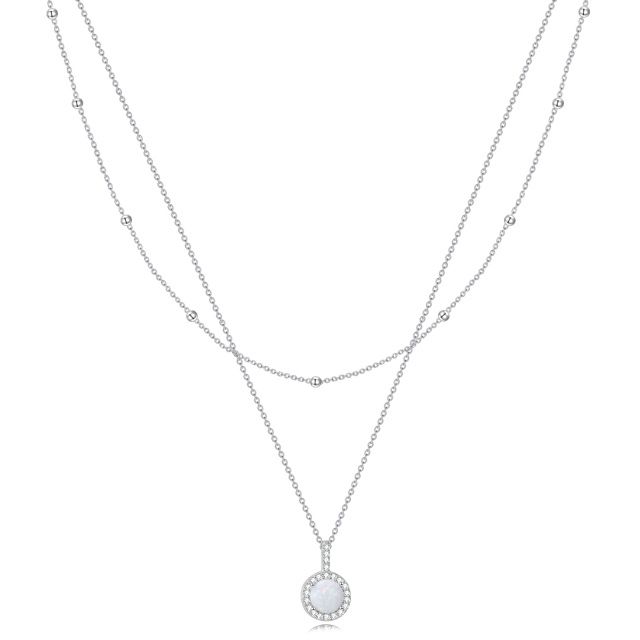 Sterling Silver Round Cubic Zirconia & Opal Round Layered Necklace-0