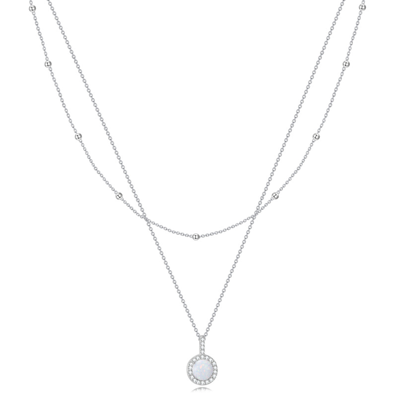 Sterling Silver Round Cubic Zirconia & Opal Round Layered Necklace