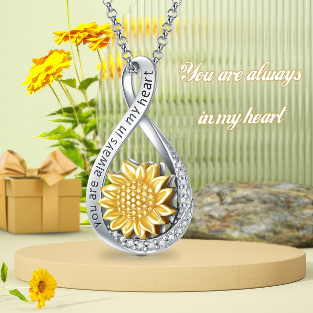 Sterling Silver Two-tone Cubic Zirconia Sunflower & Infinity Symbol Urn Necklace for Ashes with Engraved Word-2
