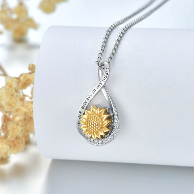 Sterling Silber zweifarbig Cubic Zirkonia Sonnenblume & Infinity Symbol Urne Halskette für-3