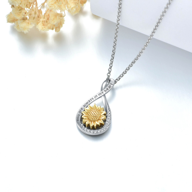 Sterling Silver Two-tone Cubic Zirconia Sunflower & Infinity Symbol Urn Necklace for Ashes with Engraved Word-4