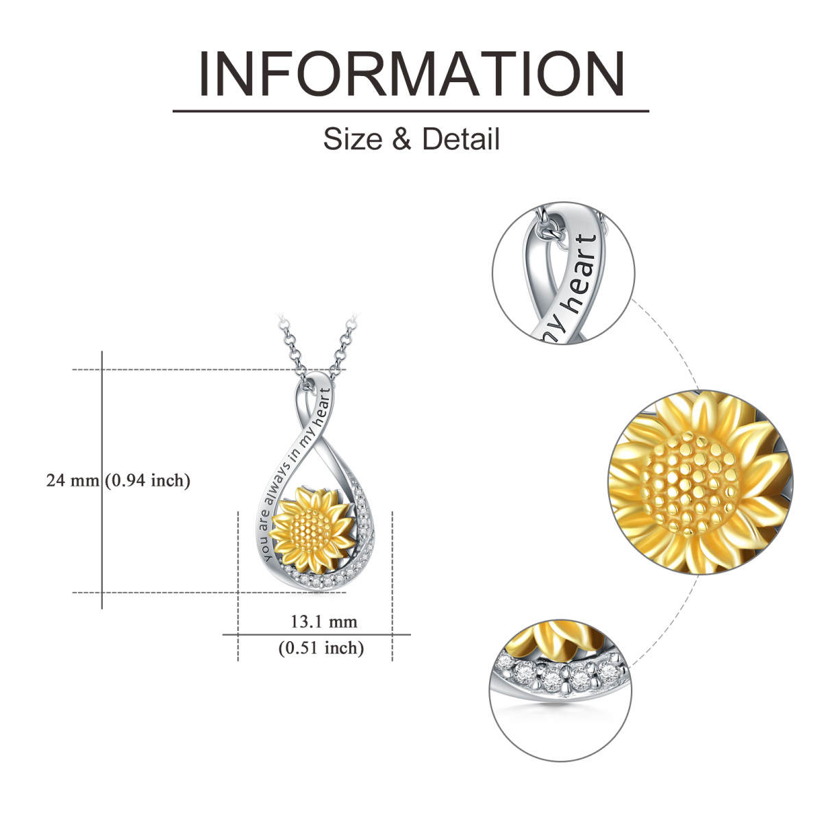 Sterling Silber zweifarbig Cubic Zirkonia Sonnenblume & Infinity Symbol Urne Halskette für-6