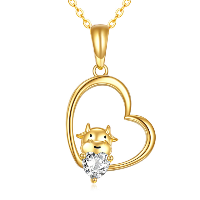 14K Gold Heart Shaped Moissanite Cow & Heart Pendant Necklace-0