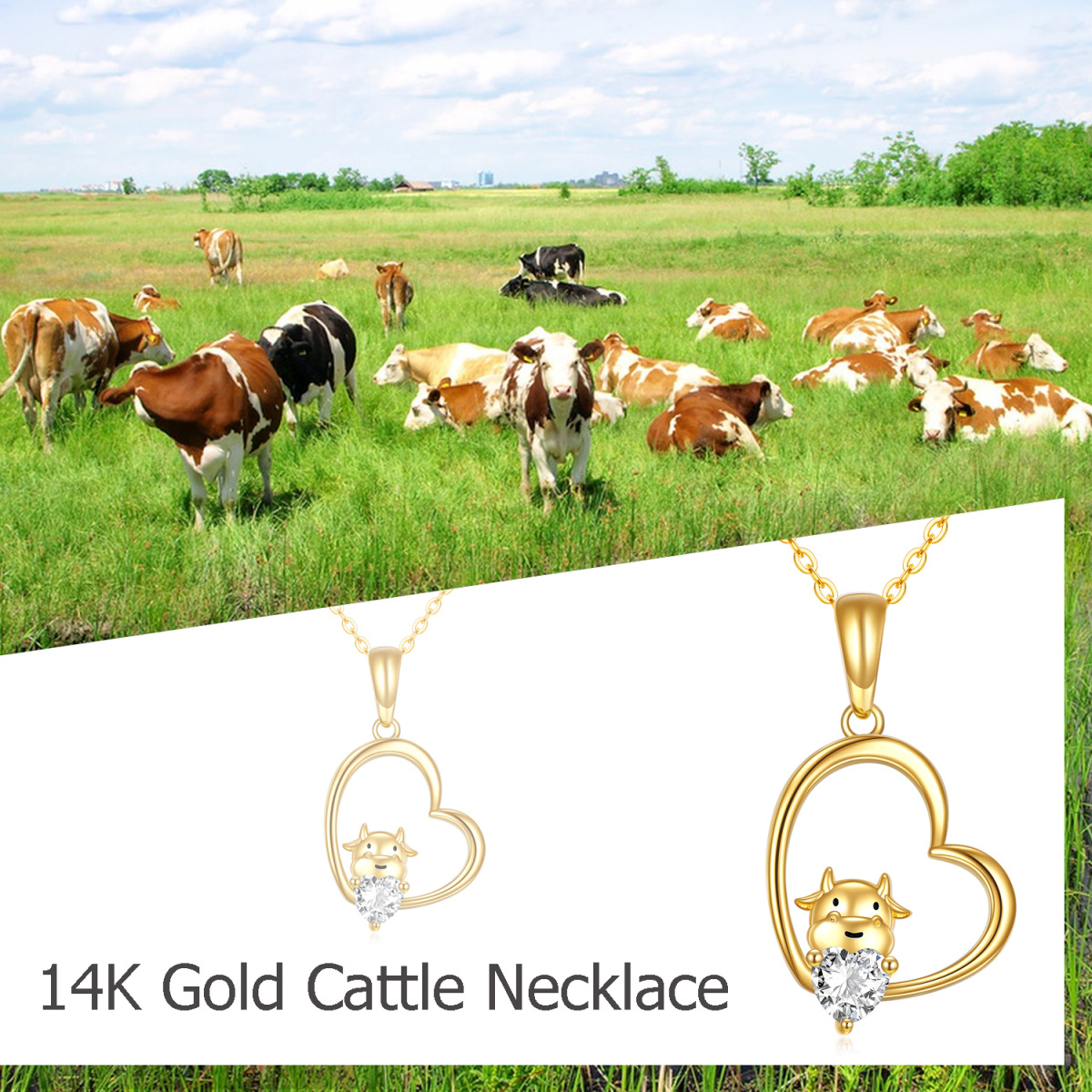 14K Gold Heart Shaped Moissanite Cow & Heart Pendant Necklace-5