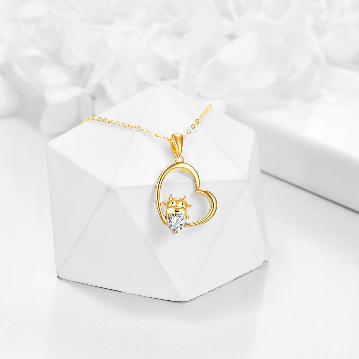 14K Gold Heart Shaped Moissanite Cow & Heart Pendant Necklace-3