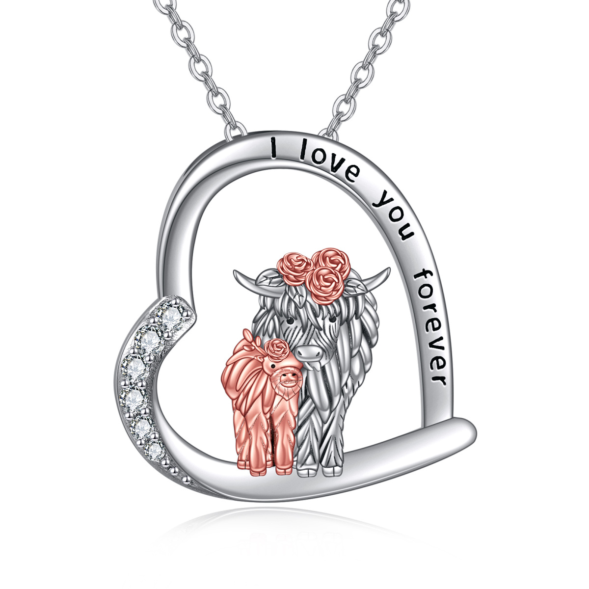 Collier en argent sterling avec pendentif en forme de coeur. vache Highland et rose. avec mot gravé-1