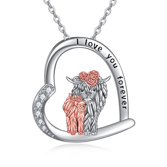 Sterling Silver Two-tone Heart Highland Cow & Rose Pendant Necklace with Engraved Word