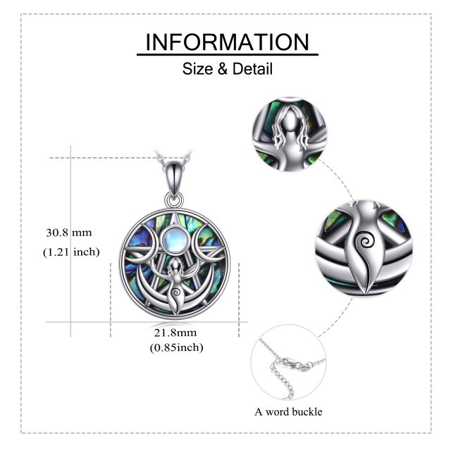 Sterling Silver Round Abalone Shellfish & Moonstone Triple Moon Goddess Pendant Necklace-5