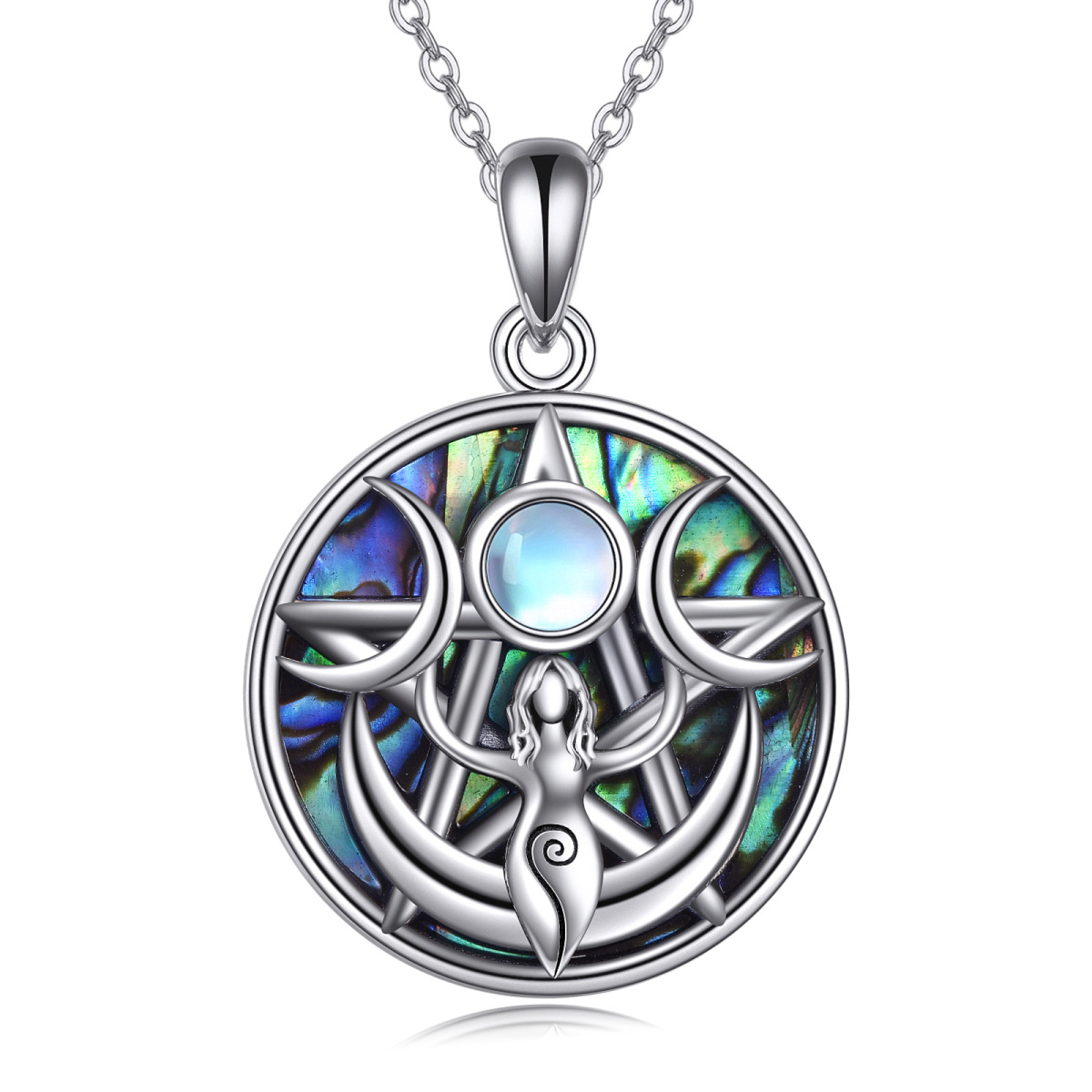 Sterling Silver Round Abalone Shellfish & Moonstone Triple Moon Goddess Pendant Necklace-1