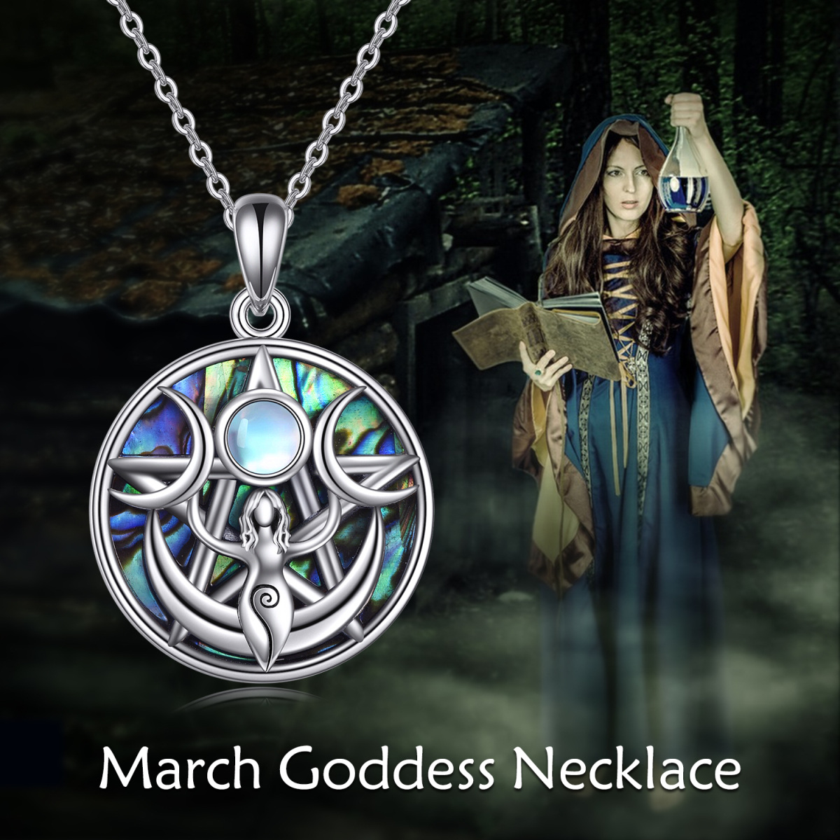 Sterling Silver Round Abalone Shellfish & Moonstone Triple Moon Goddess Pendant Necklace-6