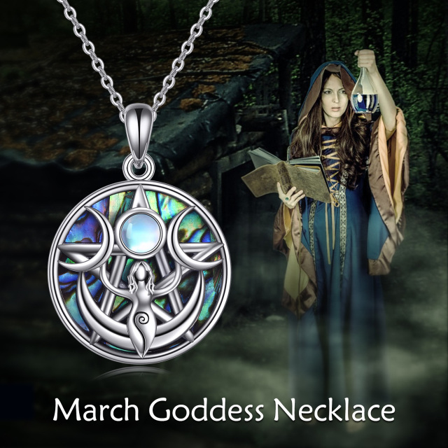 Sterling Silver Round Abalone Shellfish & Moonstone Triple Moon Goddess Pendant Necklace-5