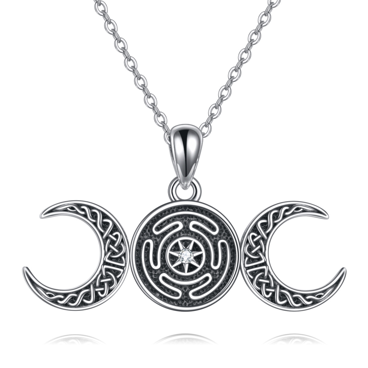 Sterling Silver Circular Shaped Cubic Zirconia Celtic Knot & Hecate Wheel & Moon Pendant Necklace-1