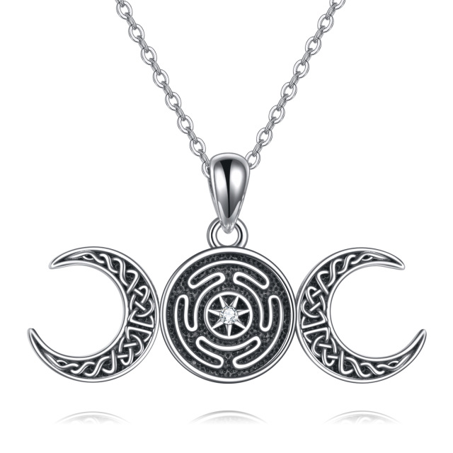 Sterling Silver Circular Shaped Cubic Zirconia Celtic Knot & Hecate Wheel & Moon Pendant Necklace-0