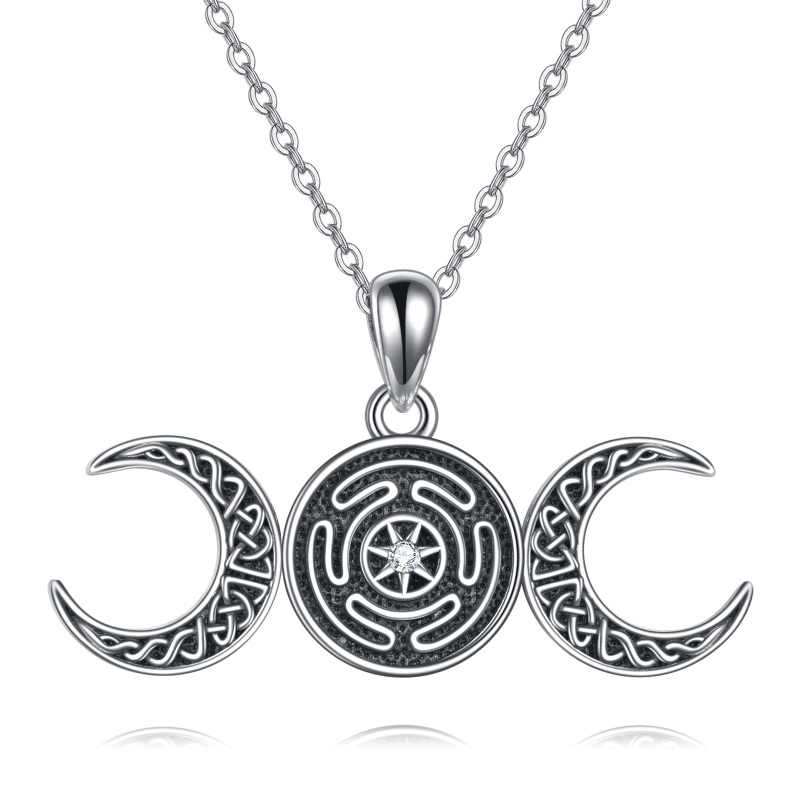 Sterling Silver Circular Shaped Cubic Zirconia Celtic Knot & Hecate Wheel & Moon Pendant Necklace