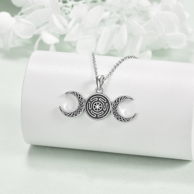Sterling Silver Circular Shaped Cubic Zirconia Celtic Knot & Hecate Wheel & Moon Pendant Necklace-2