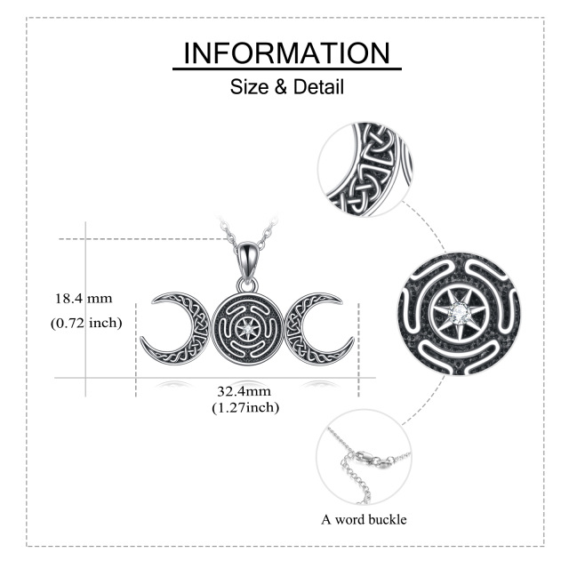 Sterling Silver Circular Shaped Cubic Zirconia Celtic Knot & Hecate Wheel & Moon Pendant Necklace-4