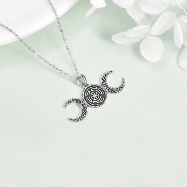 Sterling Silver Circular Shaped Cubic Zirconia Celtic Knot & Hecate Wheel & Moon Pendant Necklace-3