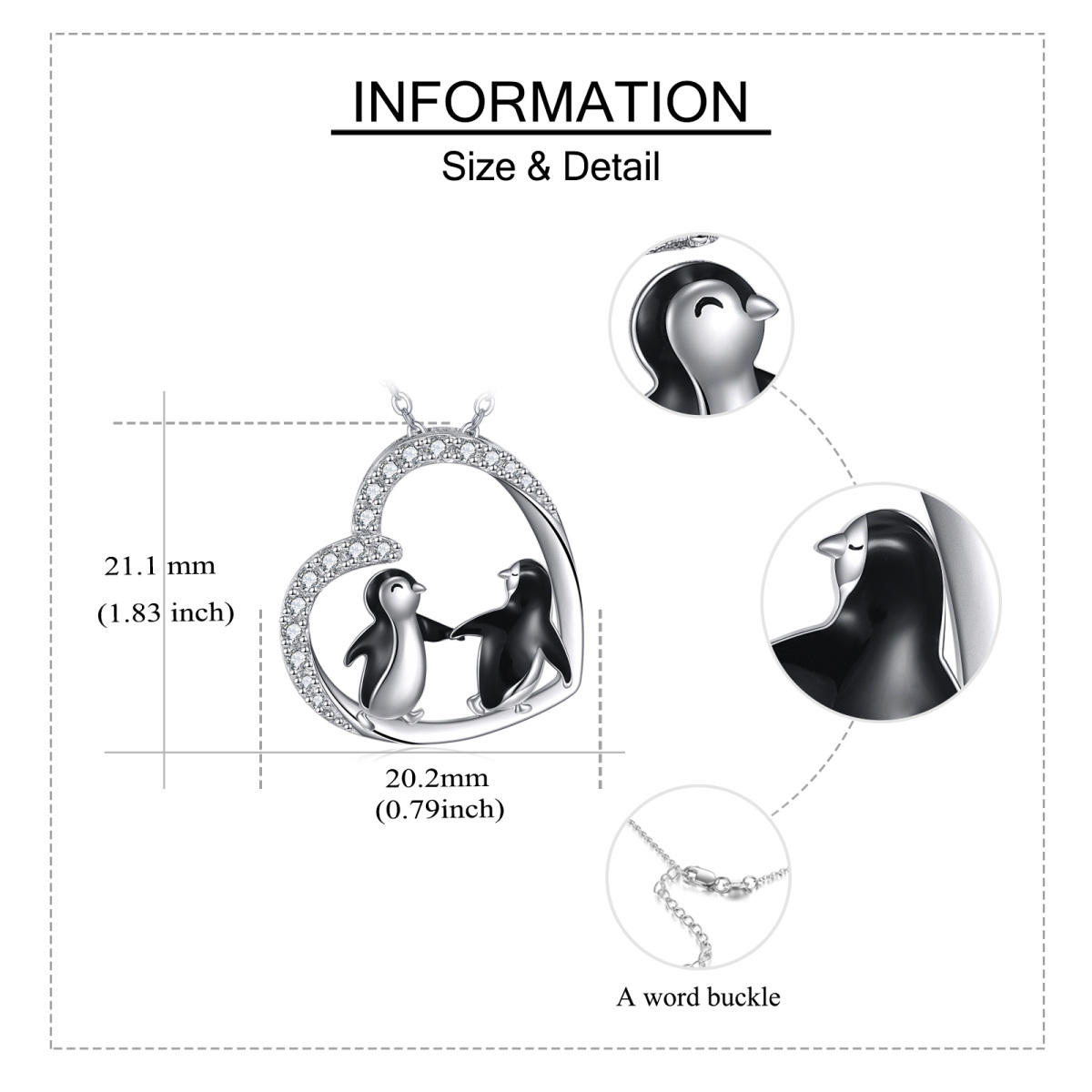 Collar de plata de ley con pingüino redondo de circonita cúbica y colgante de corazón-6